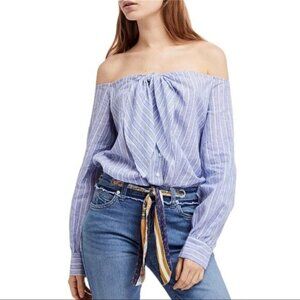 Free People Hello There Beautiful Blue White Stripe Off Shoulder Top XS